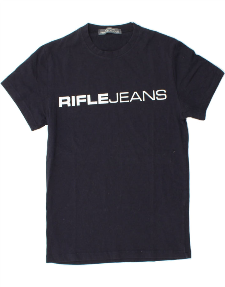 RIFLE Womens Graphic T-Shirt Top UK 12 Medium Navy Blue Vintage Rifle and Second-Hand Rifle from Messina Hembry 