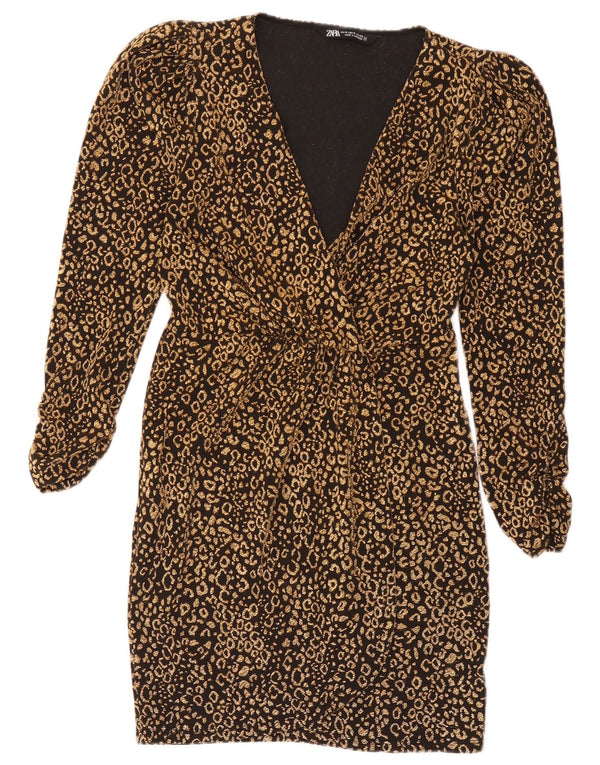 Zara Dame Langærmet Skede Kjole UK 12 Medium Black Animal Print