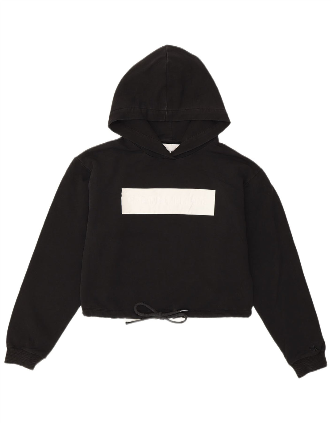 CALVIN KLEIN Dame Crop Graphic Hoodie Jumper UK 10 Small Black
