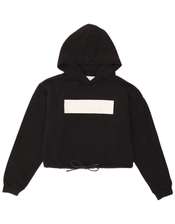 CALVIN KLEIN Dame Crop Graphic Hoodie Jumper UK 10 Small Black