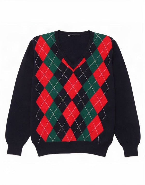 Vintage Herre V-hals trøje Sweater Large Navy Blue Argyle/Diamond Wool