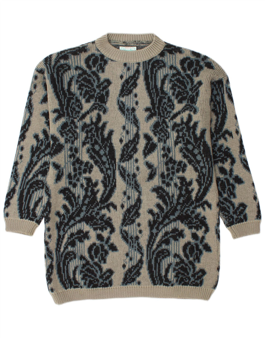 BENETTON Herre Longline Crew Neck Jumper Sweater IT 46 Large Grey Floral