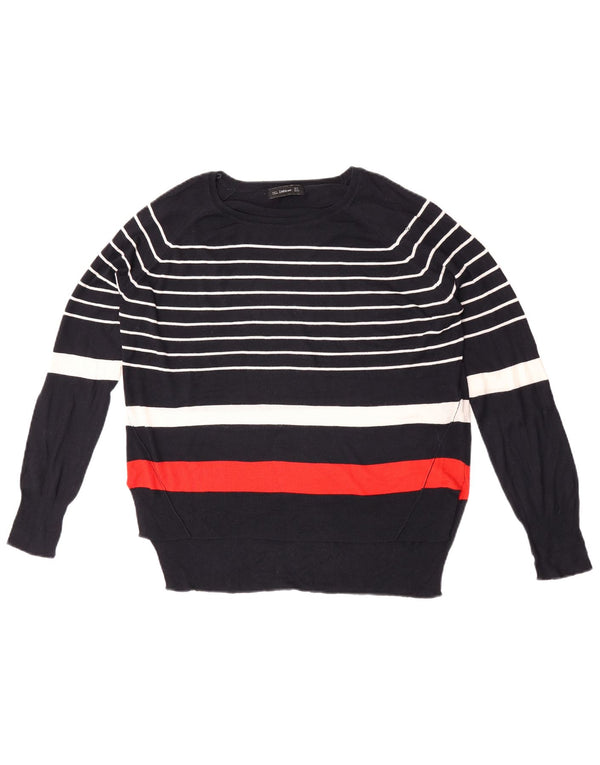 Zara Womens Crew Neck Jumper Sweater UK 14 Medium Navy Blue Striped