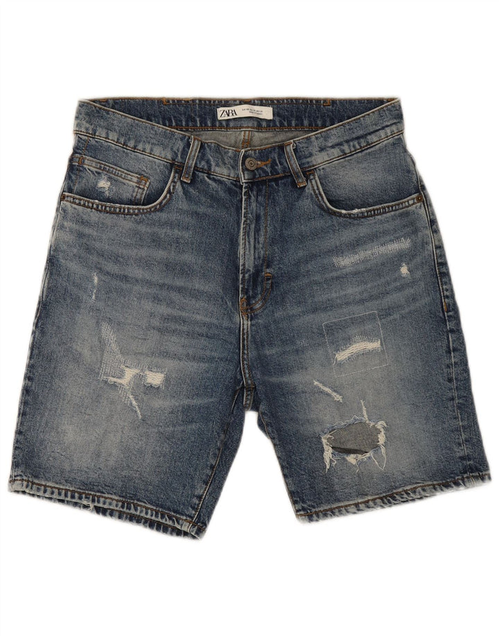 Zara Herre Distressed Denim Shorts EU 40 Medium W31 Blå