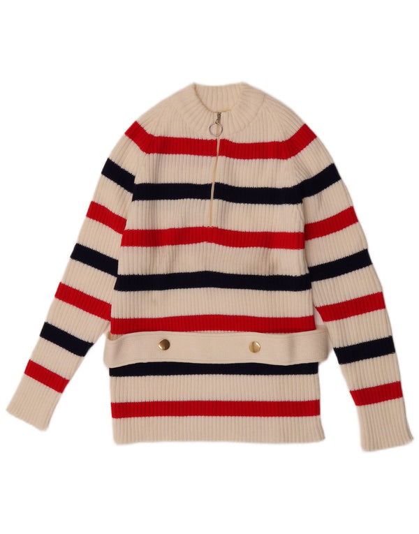 Vintage Dame Zip Neck Jumper Sweater UK 12 Medium hvid stribet akryl