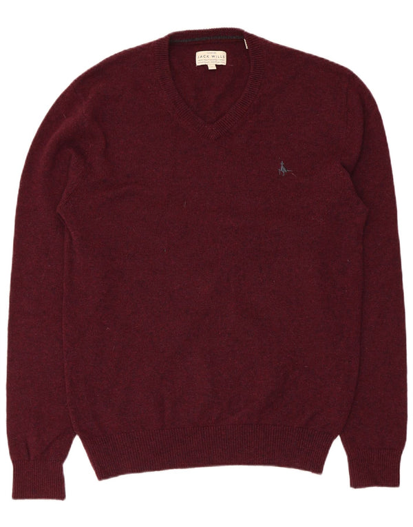 JACK WILLS Herre V-hals sweater Large Maroon Merino Wool