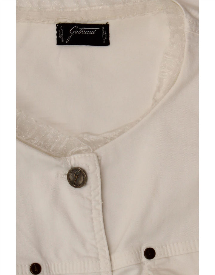 GATTINONI Womens Graphic Crop Denim Jacket UK 12 Medium White Vintage Gattinoni and Second-Hand Gattinoni from Messina Hembry 