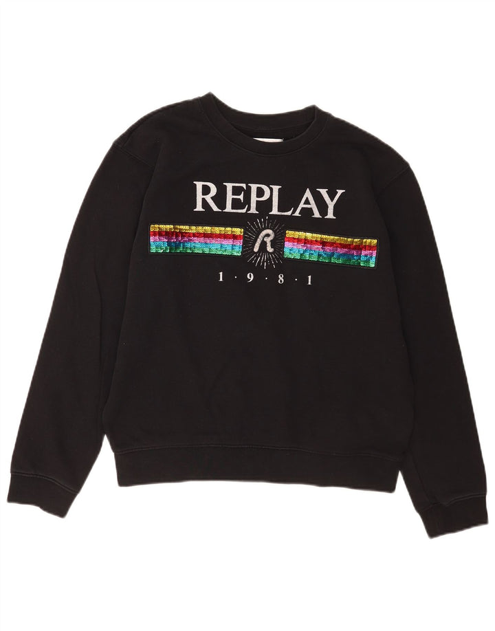 Replay Womens Grafisk Oversized Sweatshirt Jumper UK 10 Small Black Bomuld