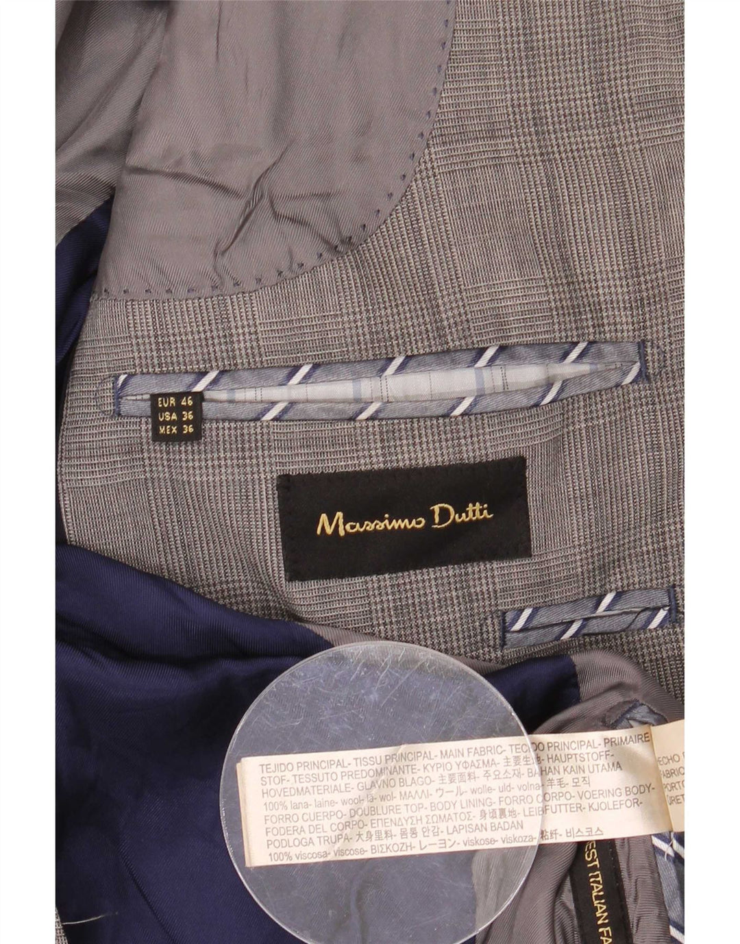 Massimo Dutti Herre 2-knaps blazerjakke EU 46 Small Grey Houndstooth Wool