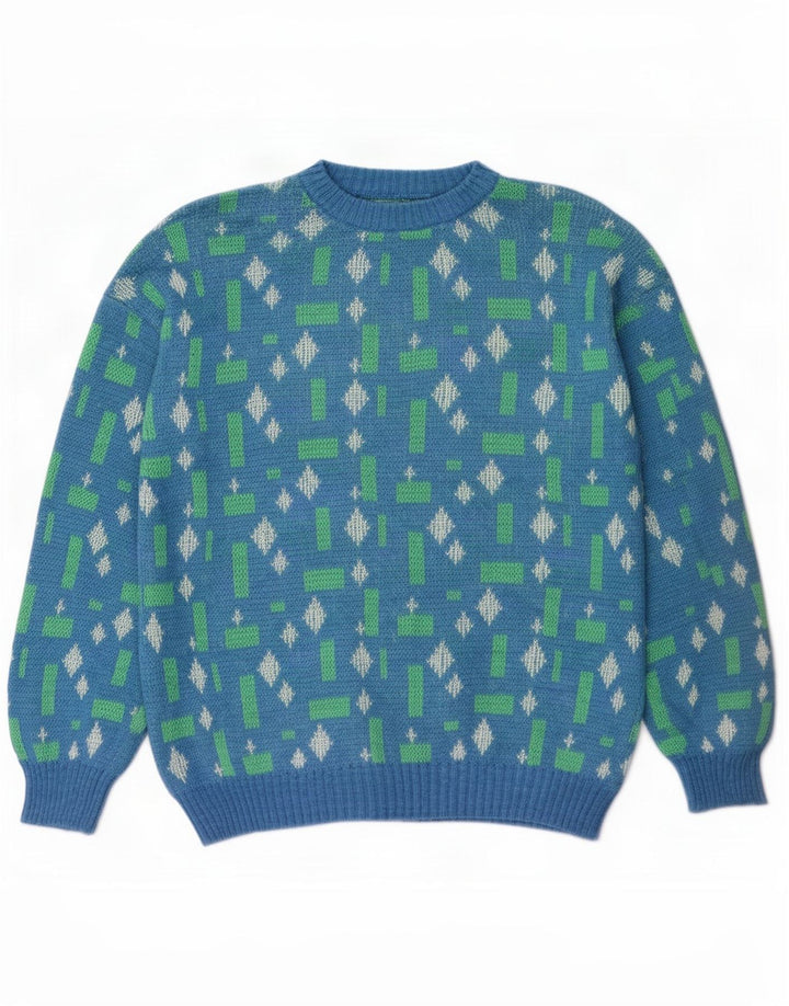 Vintage herre rund hals sweater stor blå geometrisk