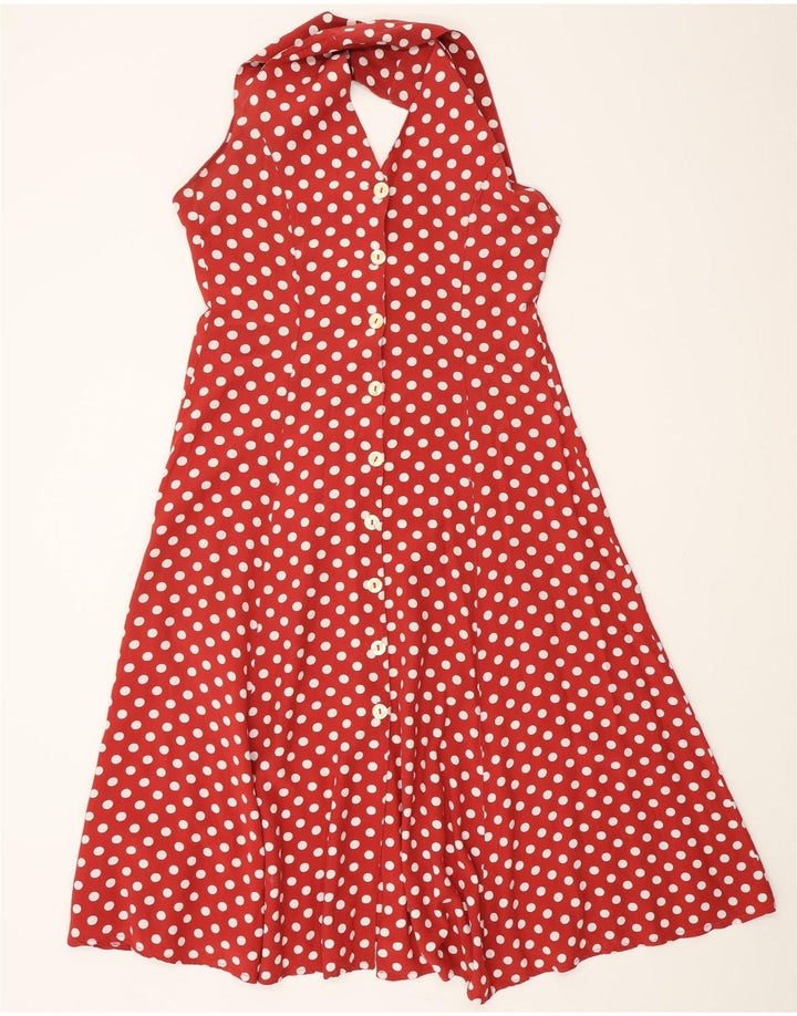 VINTAGE Dame Halter Swing Dress EU 38 Medium Burgundy Polka Dot Viscose