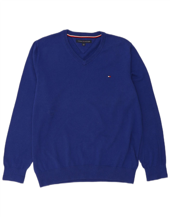 TOMMY HILFIGER Mens V-Neck Jumper Sweater Large Blue