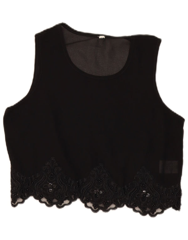 Vintage Womens Crop See Through Blouse Top UK 10 Small Black Paisley