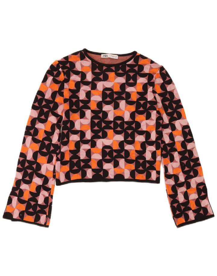 Zara Womens Crop Top Langærmet UK 12 Medium Multicolored Geometric