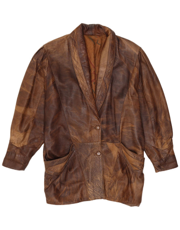 Vintage Womens Oversized Leather Jacket UK 14 Medium Brown Tie Dye