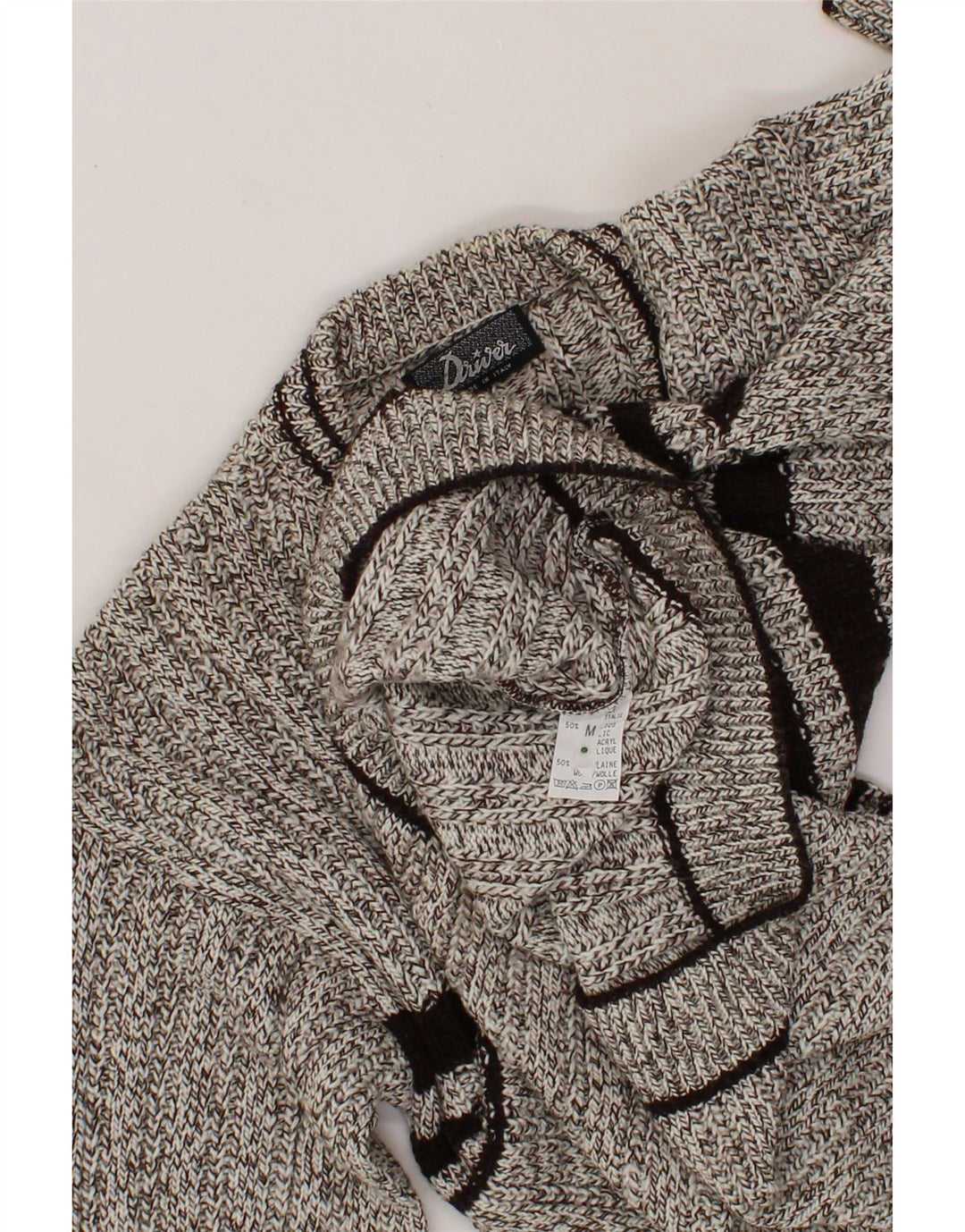 VINTAGE Mens V-Neck Jumper Sweater Medium Grey Striped Acrylic Vintage Vintage and Second-Hand Vintage from Messina Hembry 