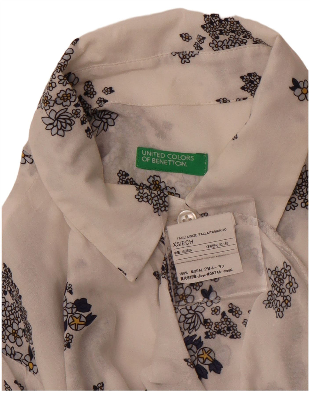 BENETTON Dame Se Through Shirt UK 6 XS White Floral Modal