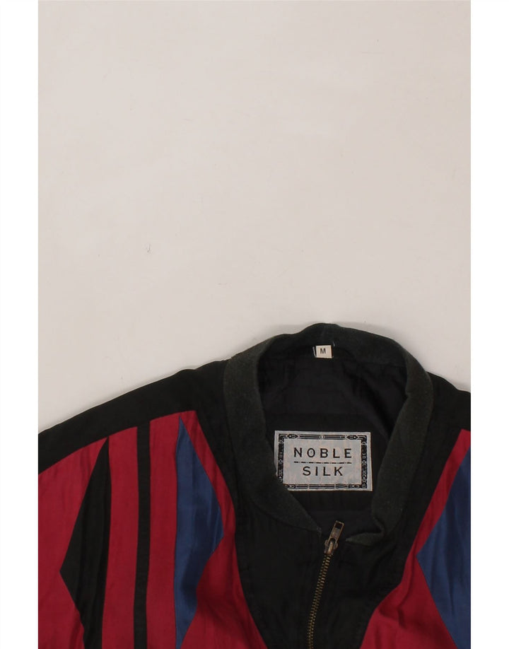 VINTAGE Loose Fit Bomber Jacket UK 38 Medium Sort Geometrisk Silke