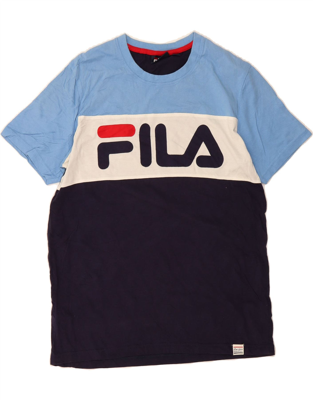 FILA Mens Graphic T-Shirt Top Medium Navy Blue Colourblock Cotton Vintage Fila and Second-Hand Fila from Messina Hembry 
