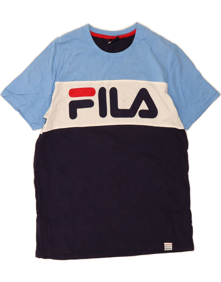 FILA Mens Graphic T-Shirt Top Medium Navy Blue Colourblock Cotton Vintage Fila and Second-Hand Fila from Messina Hembry 