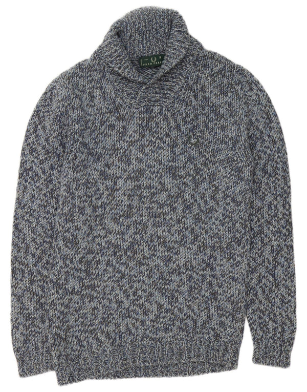 Fred Perry Herre Shawl Neck Jumper Sweater Medium Blue Flecked Wool