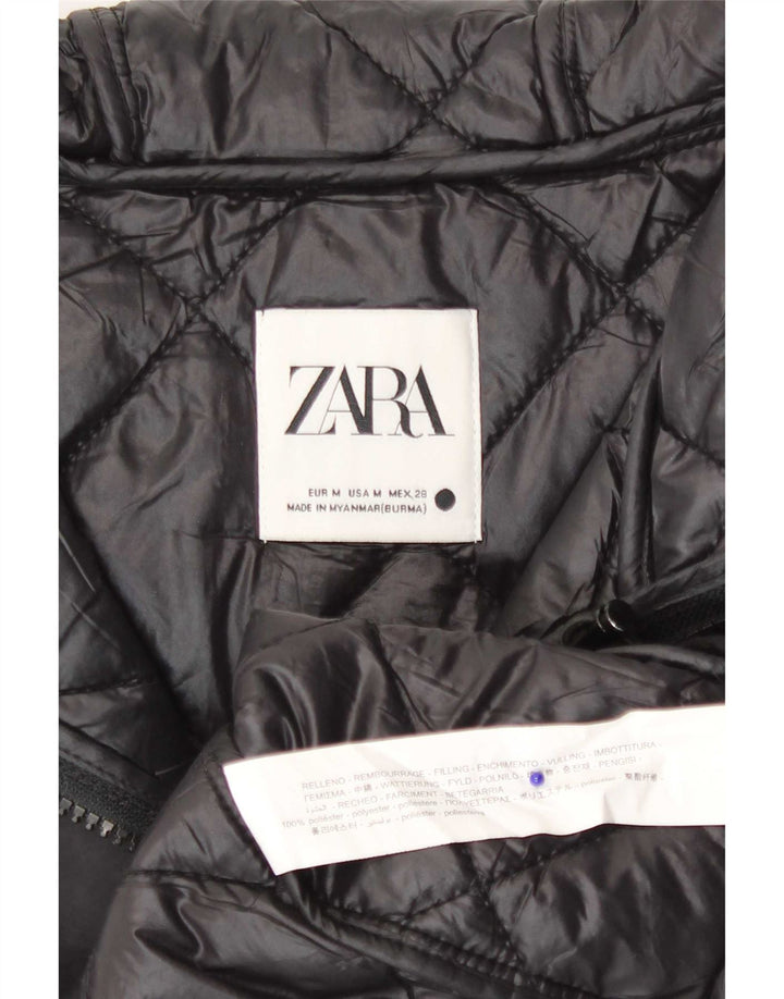Zara Dame Hætte Quiltet Gilet UK 14 Medium Sort Polyester