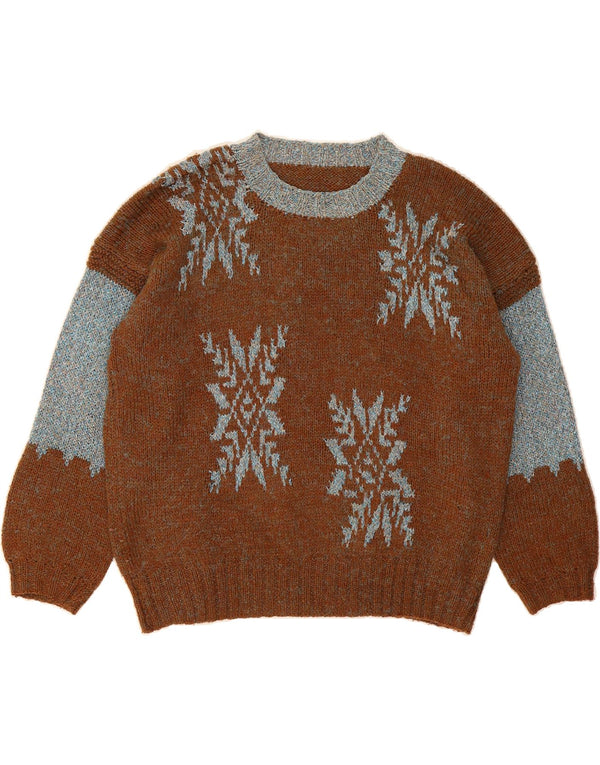 VINTAGE Dame sweater med rund hals DK 16 Large Brown Fair Isle