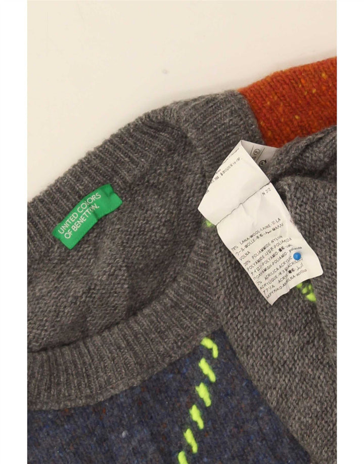 Benetton Herre Crew Neck trøje Sweater Large Grå Colourblock Uld
