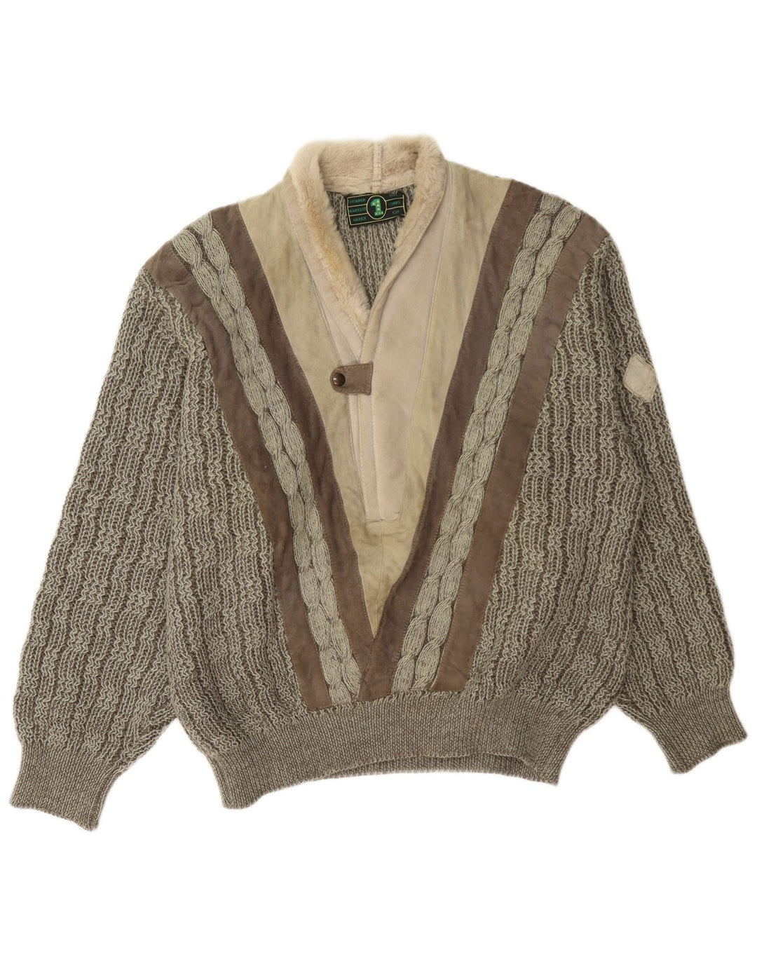 Vintage herre sjal hals sweater stor grå colourblock uld