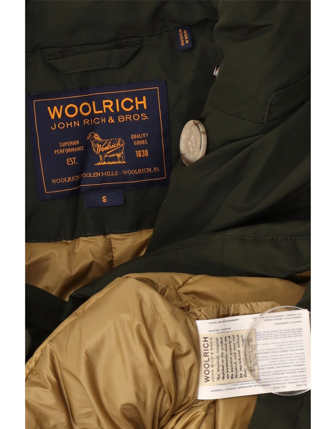 Woolrich Dame Oversized Polstret Jakke UK 10 Small Khaki Cotton