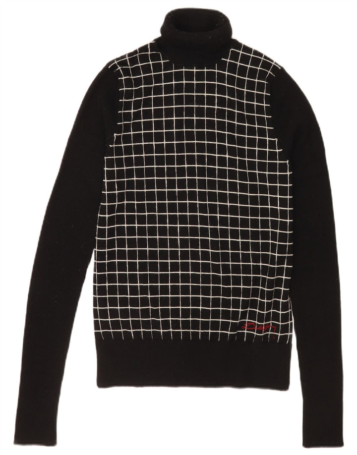 Vintage Dame Roll Neck Jumper Sweater UK 12 Medium Black Check Wool