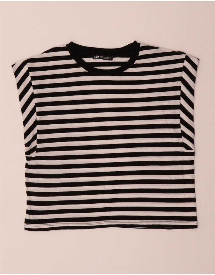 ZARA Womens Crop Top UK 10 Small Black Striped Cotton