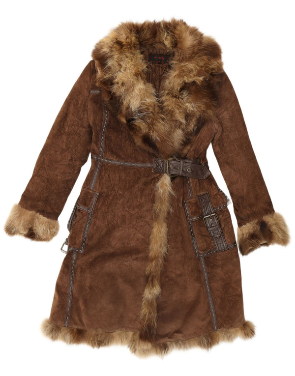 Rene Derhy Dame Ruskind Pels Overfrakke UK 14 Medium Brun Læder