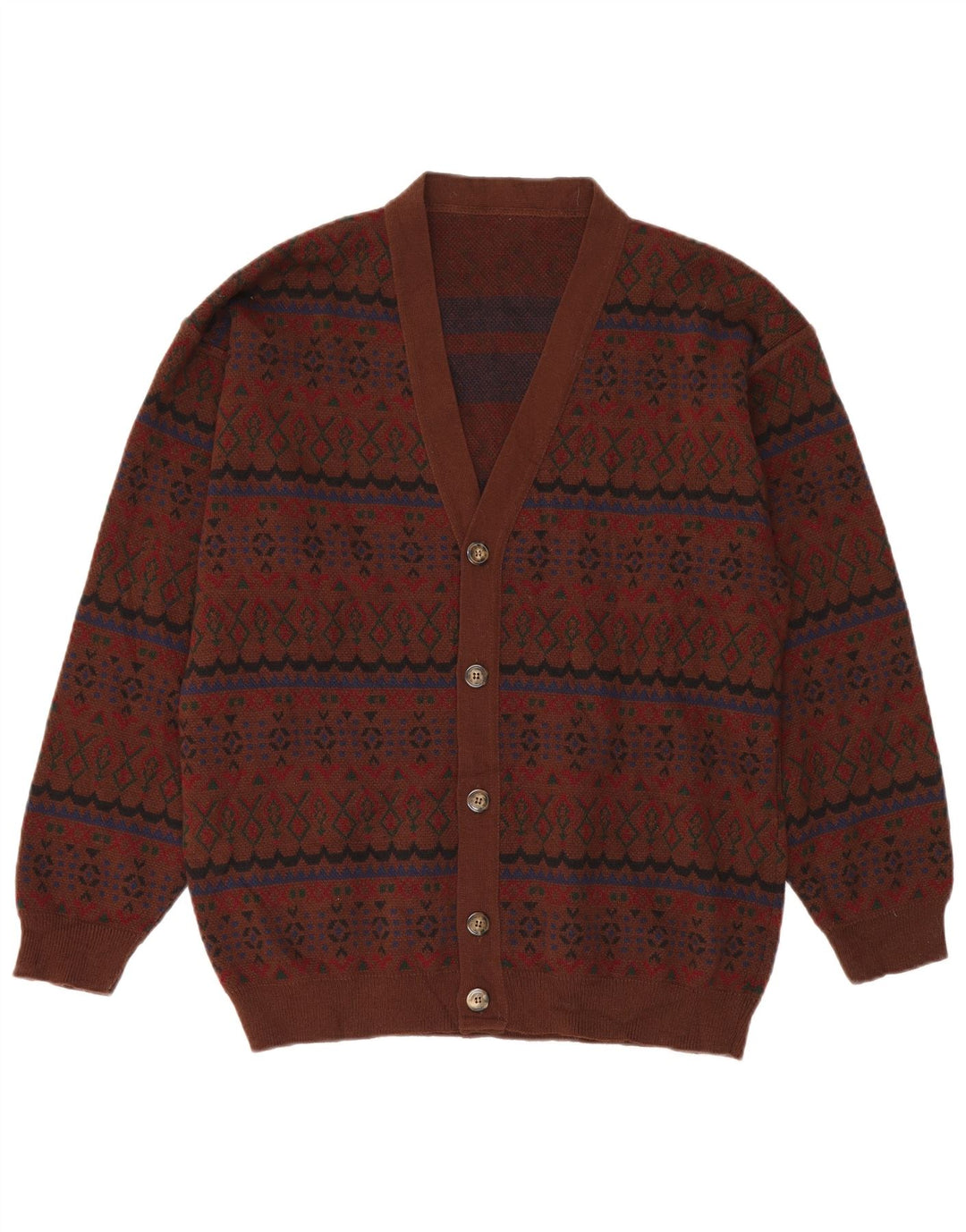 VINTAGE Herre cardigan sweater XL Brown Fair Isle Akryl