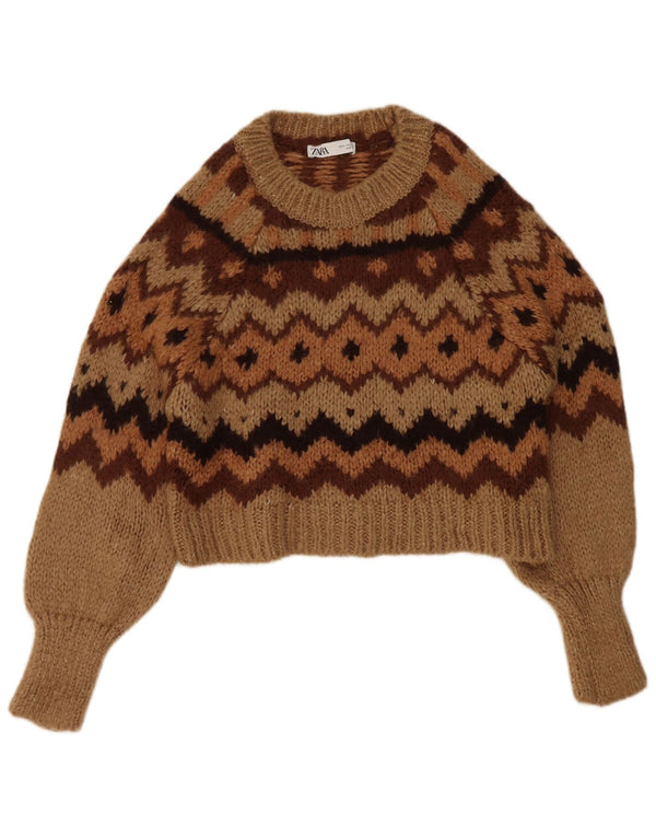 Zara Womens Crop Boat Neck Jumper Sweater UK 10 Small Brown Geometric