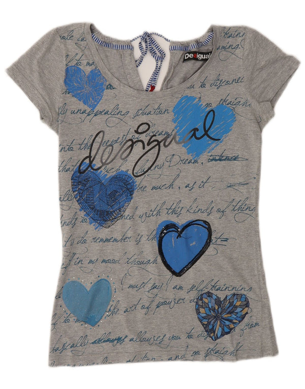 Desigual Dame Grafisk T-Shirt Top UK 6 XS Grey Heart