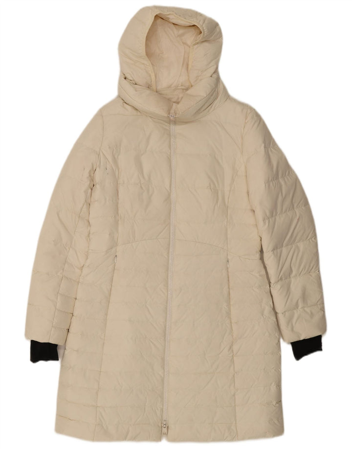 VINTAGE Polstret frakke med hætte til kvinder UK 14 Medium Off White Polyester