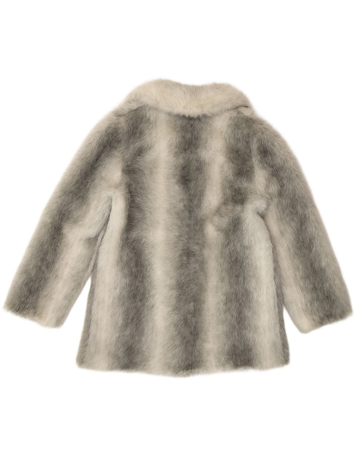 VINTAGE Dame imiteret Pels Overfrakke UK 12 Medium Sølvstribet Modacryl