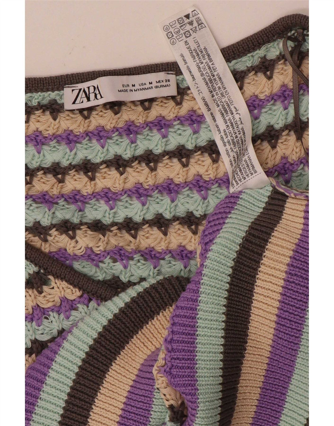 Zara Dame Crop V-hals Jumper Sweater UK 12 Medium Flerfarvet Stribet