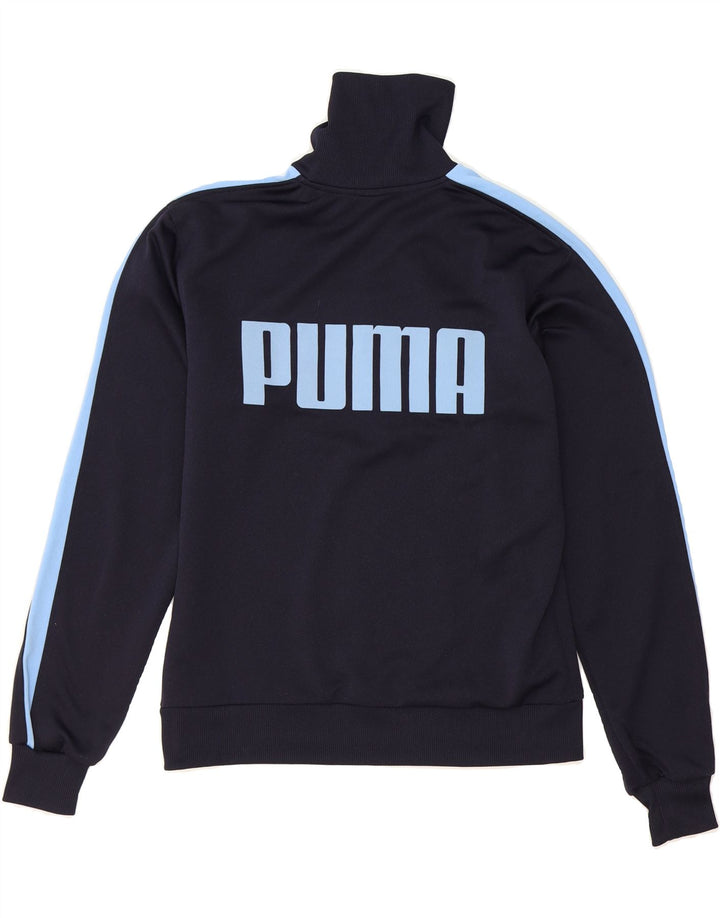PUMA Mens Graphic Zip Neck Sweatshirt Jumper Medium Navy Blue Colourblock Vintage Puma and Second-Hand Puma from Messina Hembry 