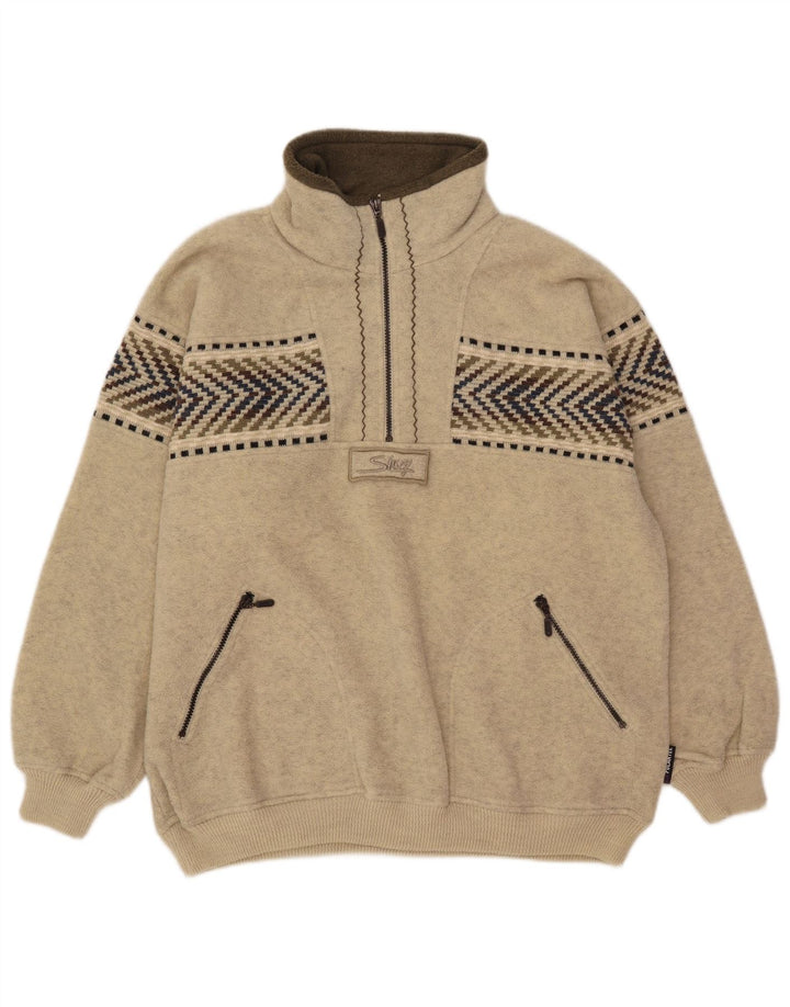 Silvy Herre Zip Neck Fleece Jumper 2XL Beige Geometrisk Uld