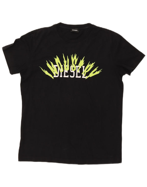 DIESEL Dame Grafisk T-Shirt Top UK 14 Medium Sort Bomuld