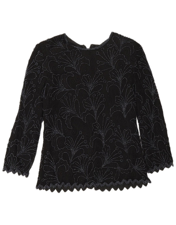 Vintage Dame Langærmet Regular Bluse Top UK 8 Small Black Floral Silke