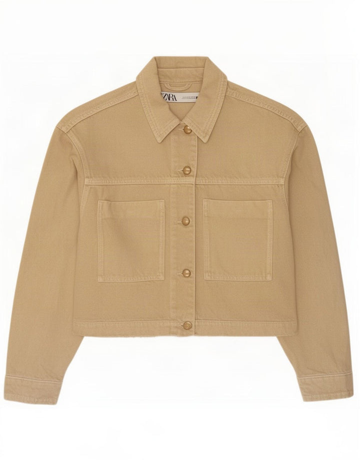 Zara Dame Crop Denim Jacket UK 14 Medium Beige