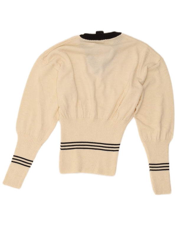 Vintage Dame V-hals sweater UK 8 Small Off White stribet uld
