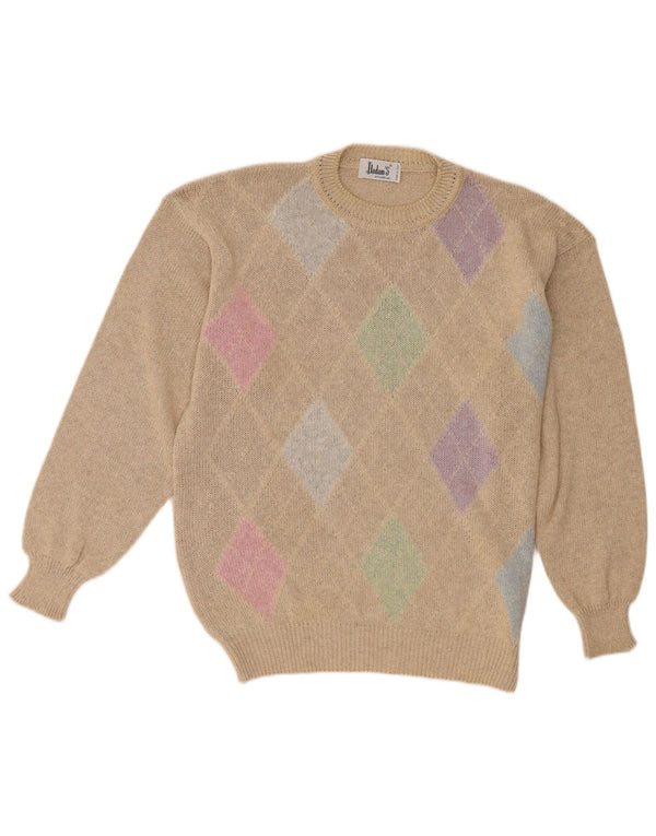 Vintage Herre Crew Neck Jumper Sweater IT 52 Large Beige Argyle/Diamond