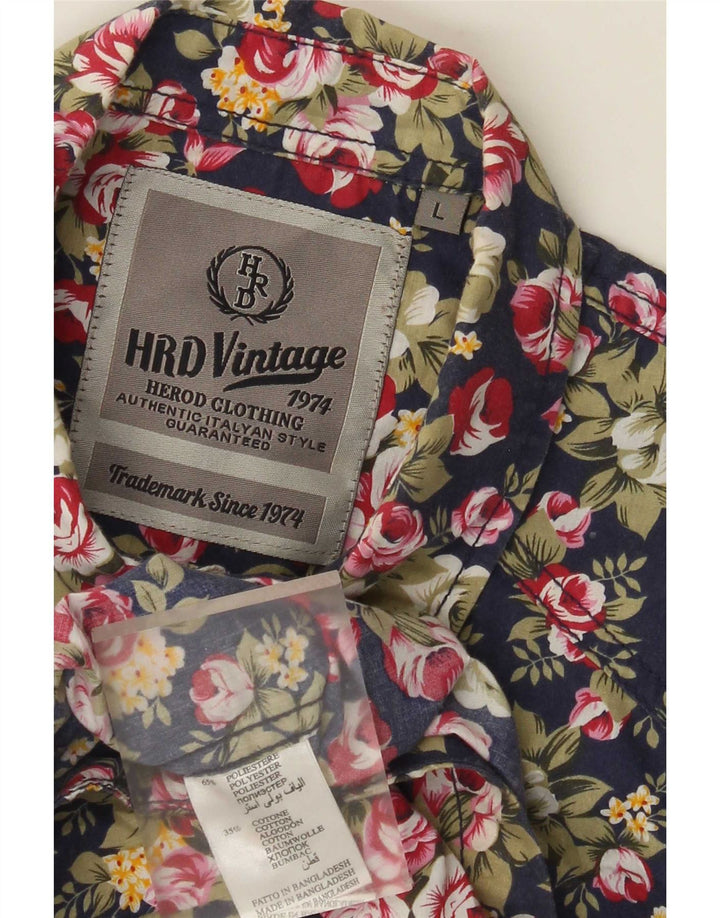 Vintage kortærmet herreskjorte stor blå blomsterpolyester