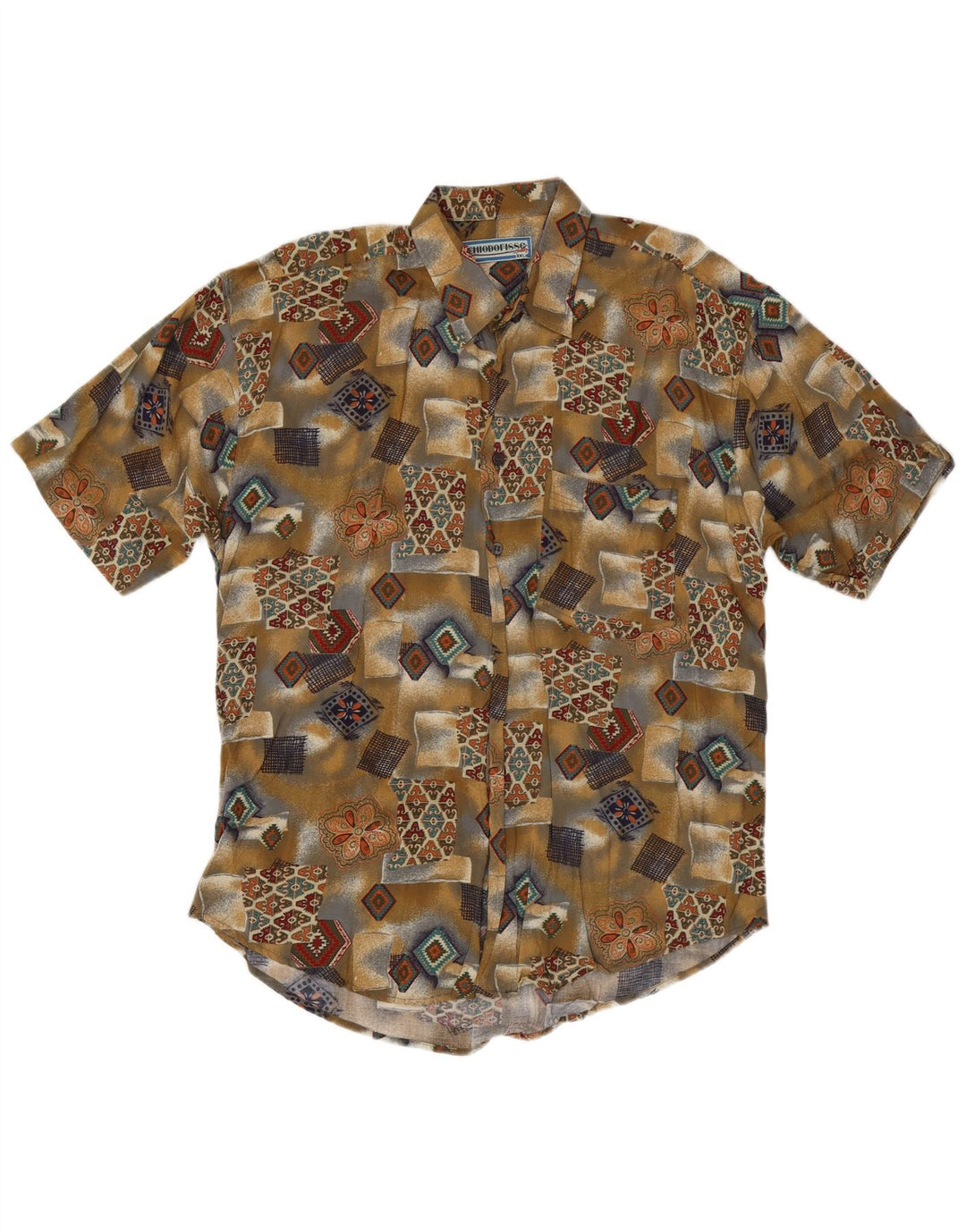 Vintage kortærmet herreskjorte 2XL Khaki Patchwork Viscose