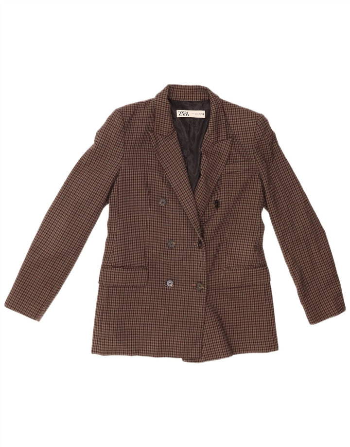 ZARA Womens Double Breasted Blazer Jacket UK 10 Small Brown Check