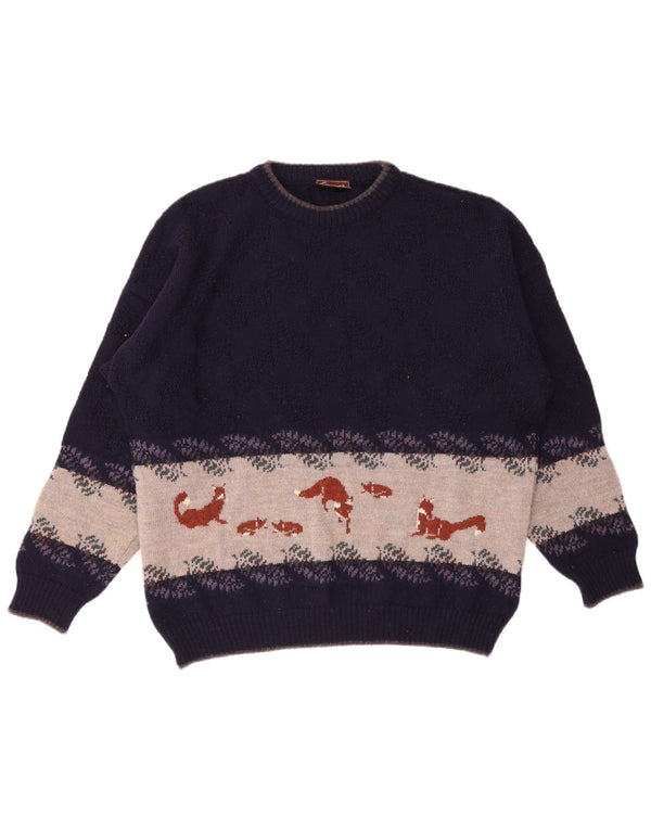 Vintage Herre grafisk rund hals sweater XL Lilla Colourblock Uld